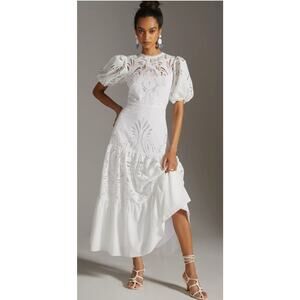 Shoshanna Midnight Bright White Eyelet Puff-Sleeve Maxi Dress Size 8